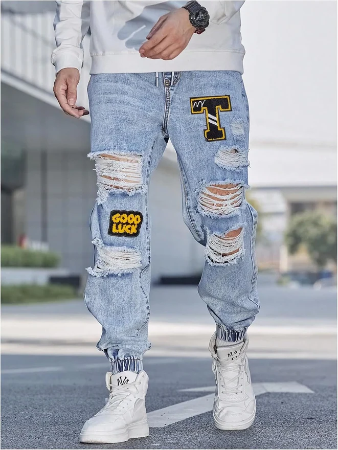 Cargo Joggers Pants Letter Patched Ripped Jeans Elastic by OYOANGLE, photograph 4 of 4