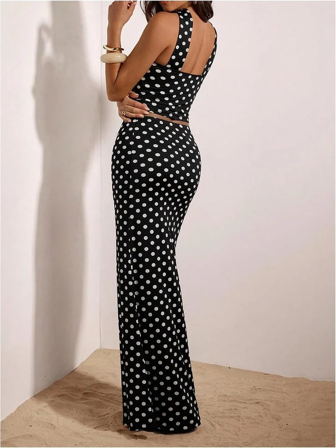 2 Piece Polka Dots Skirt Sets Cropped Halter Top Long Skirt by OYOANGLE, photograph 2 of 3