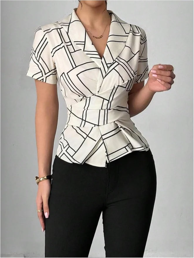 Lapel Neck Blouse Wrap Belted Slim Fitted Casual Shirt by OYOANGLE, photograph 4 of 4