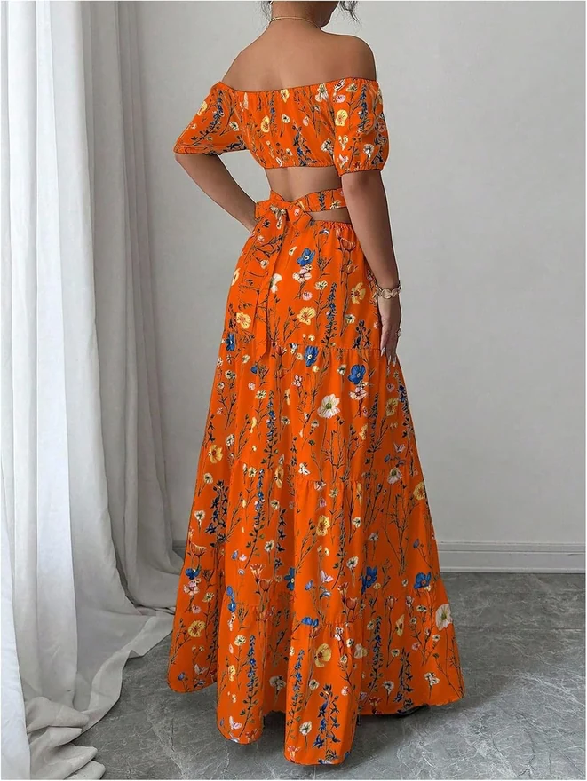 Floral Print Off the Shoulder Short Sleeve Boho Maxi Dress Cut by OYOANGLE