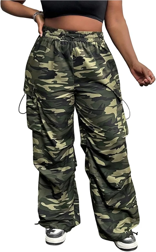 Plus Size Camo Cargo Pants Elastic Waist Wide Leg Trousers by OYOANGLE