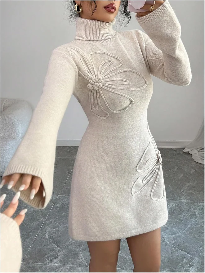 3D Floral Bell Long Sleeve Sweater High Neck Mini Dresses by OYOANGLE, photograph 3 of 4