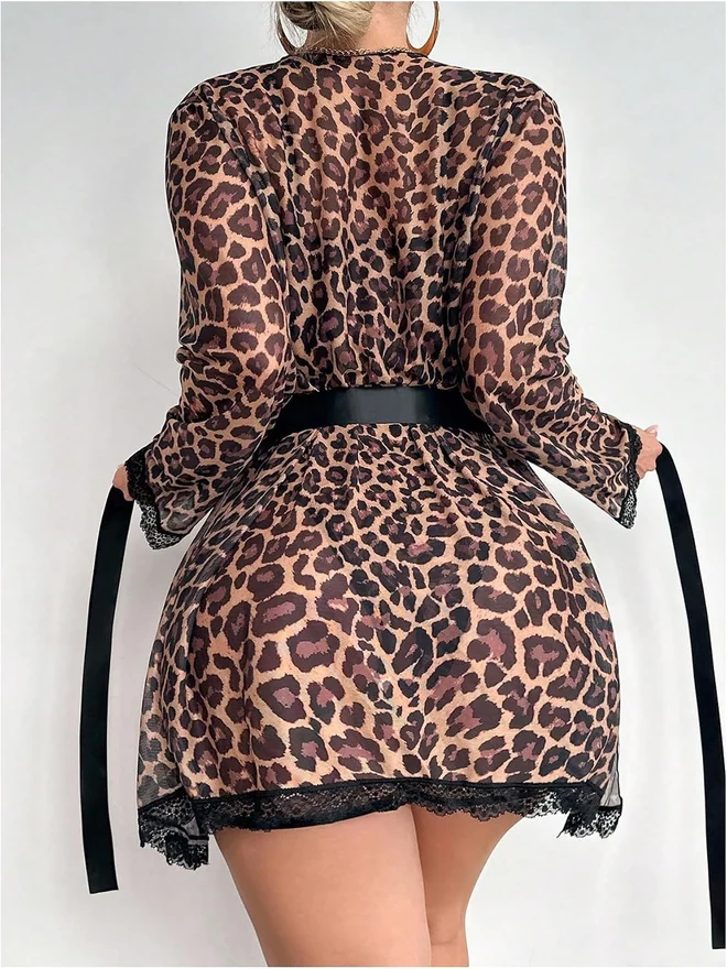 Leopard Lace Bodysuit Garter Garter Lingerie Set with Romb by OYOANGLE, photograph 2 of 4