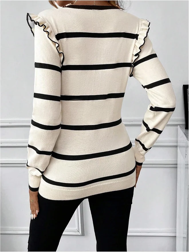 Maternity Striped Frill Trim Sweater Crewneck Long Sleeve Knit by OYOANGLE, photograph 3 of 4