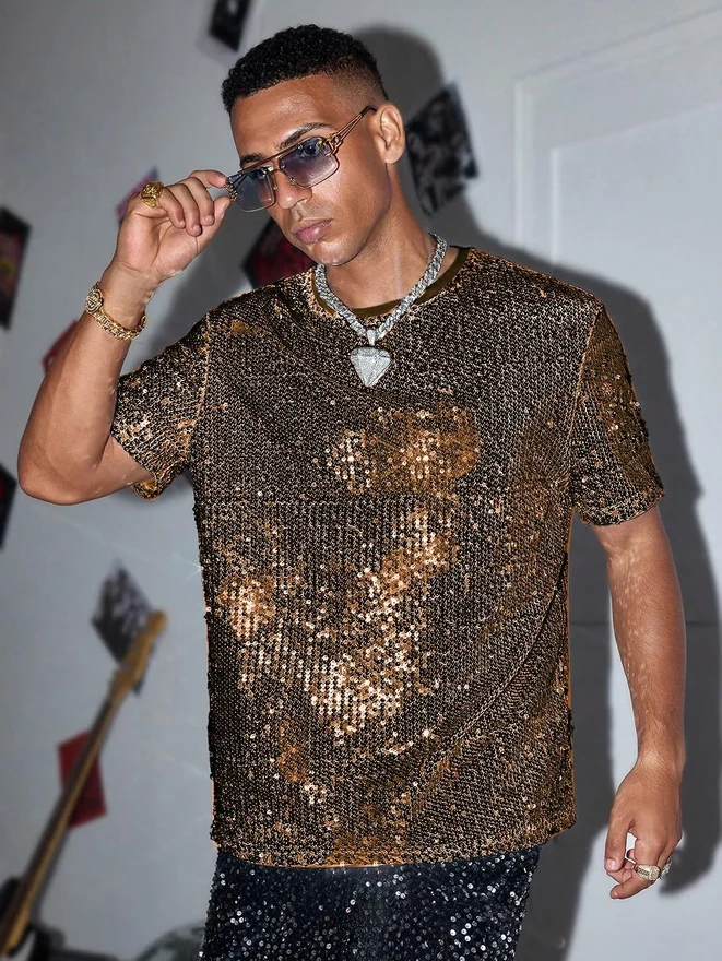 Sparkly Sequin Party T Shirt Short Sleeve Shiny Tee Tops by OYOANGLE, photograph 2 of 4