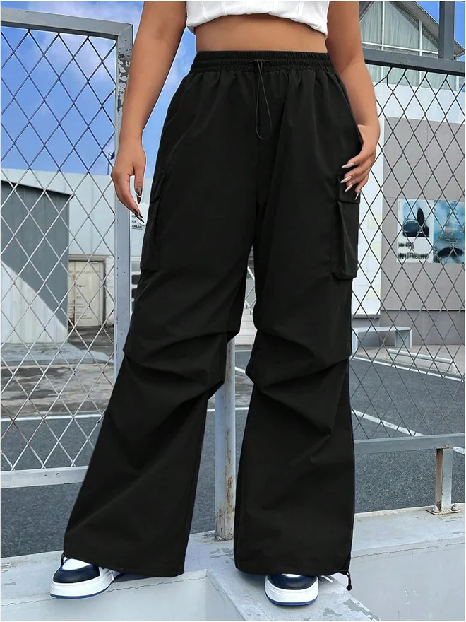 Plus Size Drawstring Waist Wide Leg Cargo Pants Black by OYOANGLE, photograph 3 of 3