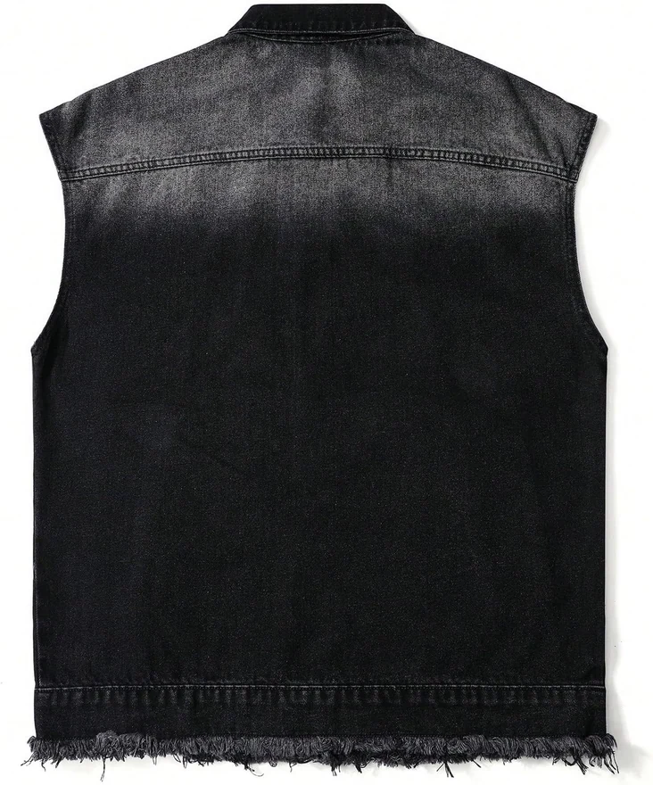 Zip Up Sleeveless Denim Jacket Frayed Raw Hem Jean Jackets by OYOANGLE, photograph 2 of 4