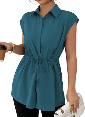 Button Down Shirt Short Sleeve Peplum Business Blouse in Teal Blue