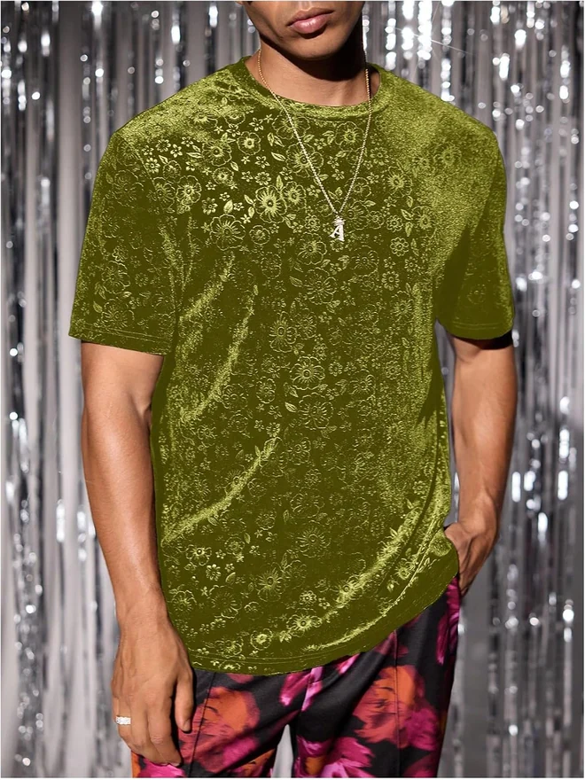 Velvet Crew Neck T Shirt Floral Sparkle Short Sleeve Shirt by OYOANGLE, photograph 3 of 4