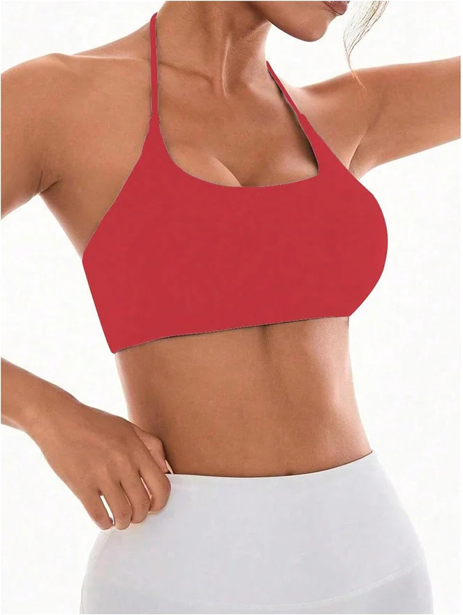 Halter Sports Bra Padded Workout Backless Yoga Bras Red by OYOANGLE, photograph 4 of 4