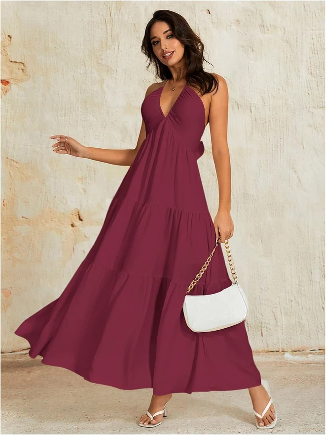 Summer Beach Halter Sundress Formal Wedding Guest Dress by OYOANGLE, photograph 2 of 3