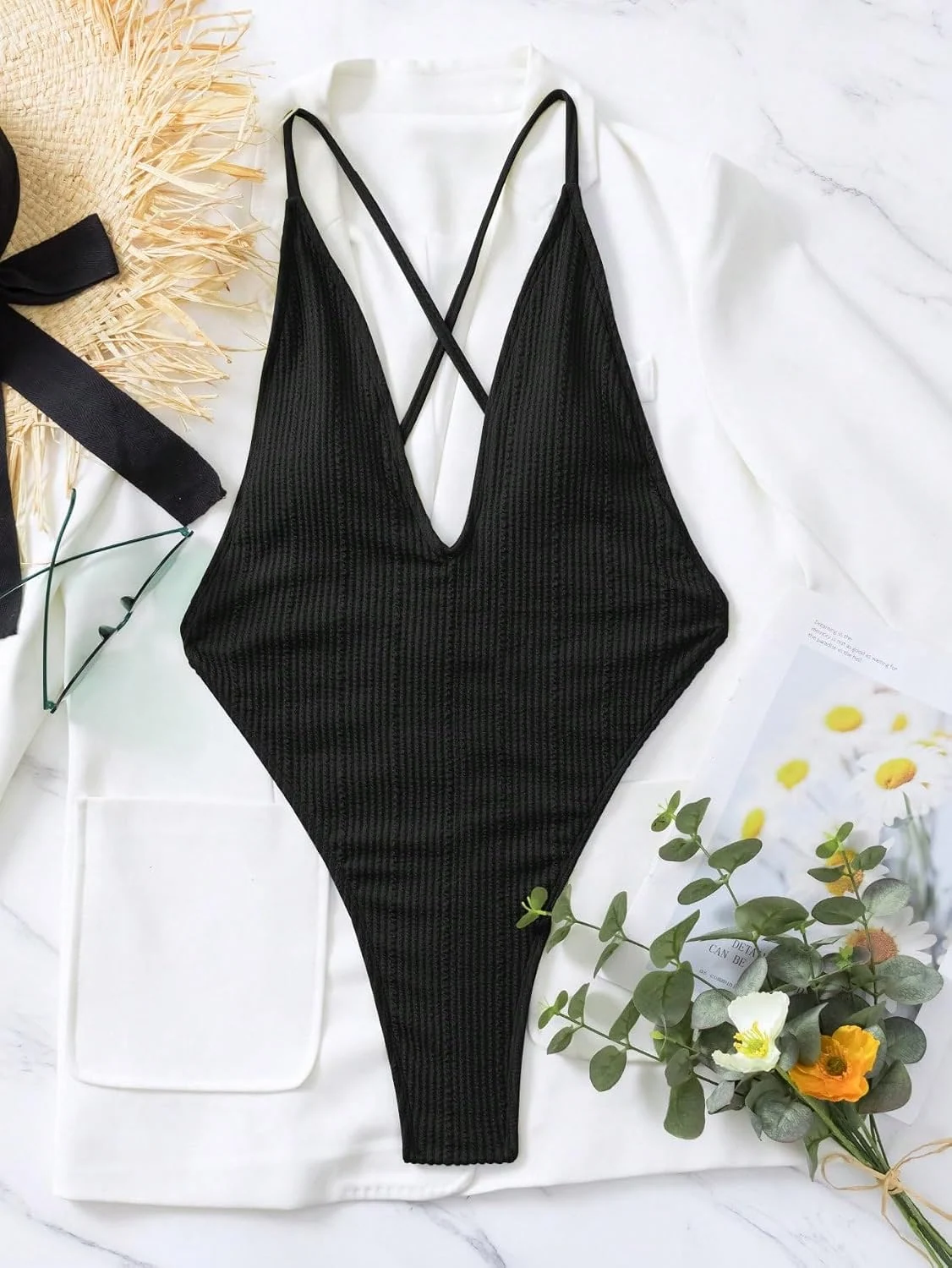 Sexy One Piece Swimsuit Criss Cross Backless Bathing Suit by OYOANGLE, photograph 1 of 3