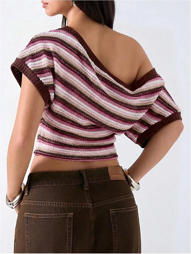 Off The Shoulder Tops Striped Cinched Waist Going Out Top by OYOANGLE, photograph 3 of 4
