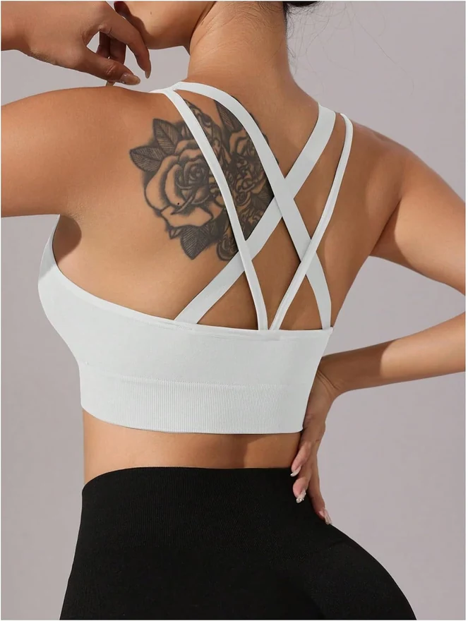 3 Pack Sports Bras Criss Cross Strappy Padded Light Support Gym by OYOANGLE, photograph 3 of 4