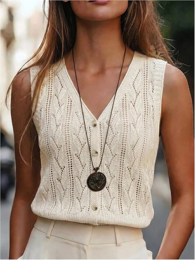 Button Down Sweater Vest Boho Crochet Hollow Out V Neck by OYOANGLE, photograph 2 of 4