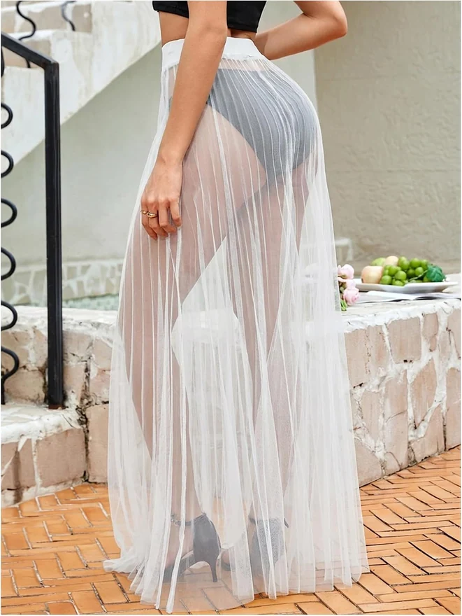 Sheer Mesh Flowy High Waist A Line Long Maxi Skirts White by OYOANGLE, photograph 2 of 4