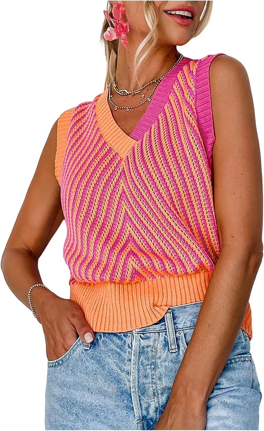 Color Block Striped Sweater Vest Sleeveless V Neck Knitted by OYOANGLE