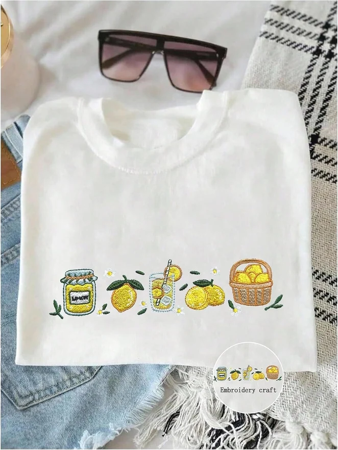 Lemon Embroidered Graphic Tees Short Sleeve Crew Neck Casual T by OYOANGLE, photograph 2 of 3