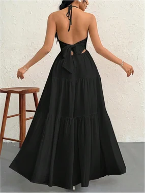 Summer Beach Halter Sundress Formal Wedding Guest Dress in Jet Black