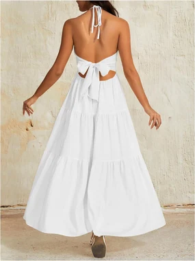 Summer Beach Halter Sundress Formal Wedding Guest Dress in White