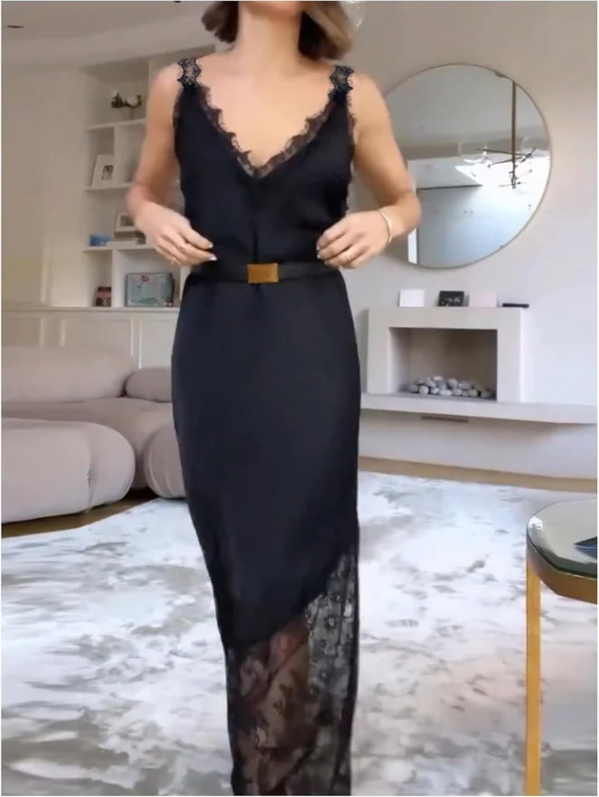 Satin Lace Trim Maxi Dress Deep V Neck Backless Gown Black by OYOANGLE, photograph 3 of 3