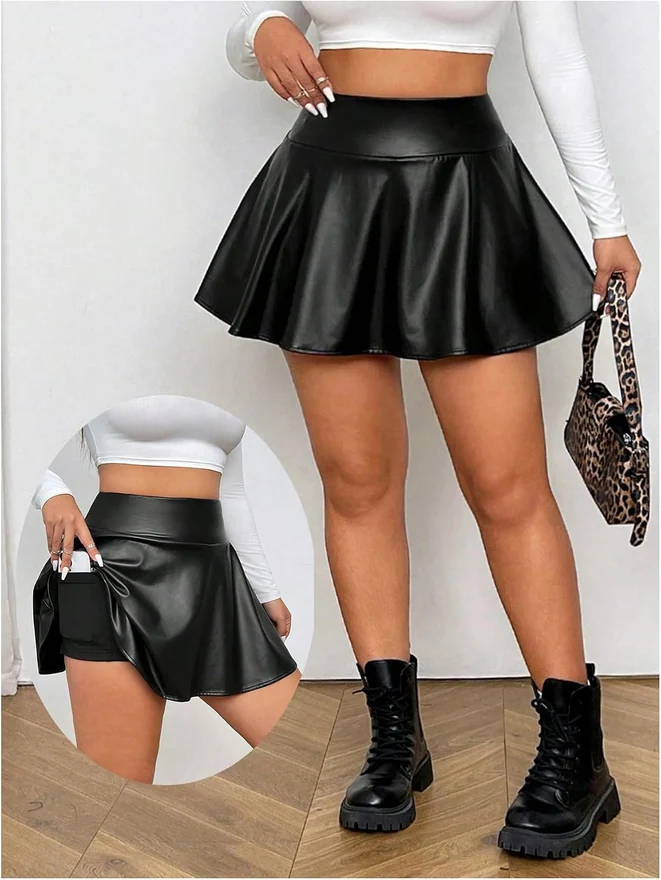 Plus Size Leather Skirt Faux Mini Skort Rave Outfits Black by OYOANGLE, photograph 4 of 4