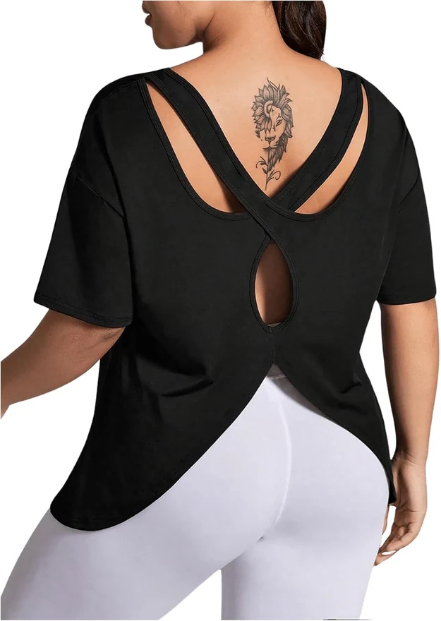 Plus Size Open Back Workout Tops for Women Athletic Tee Top by OYOANGLE