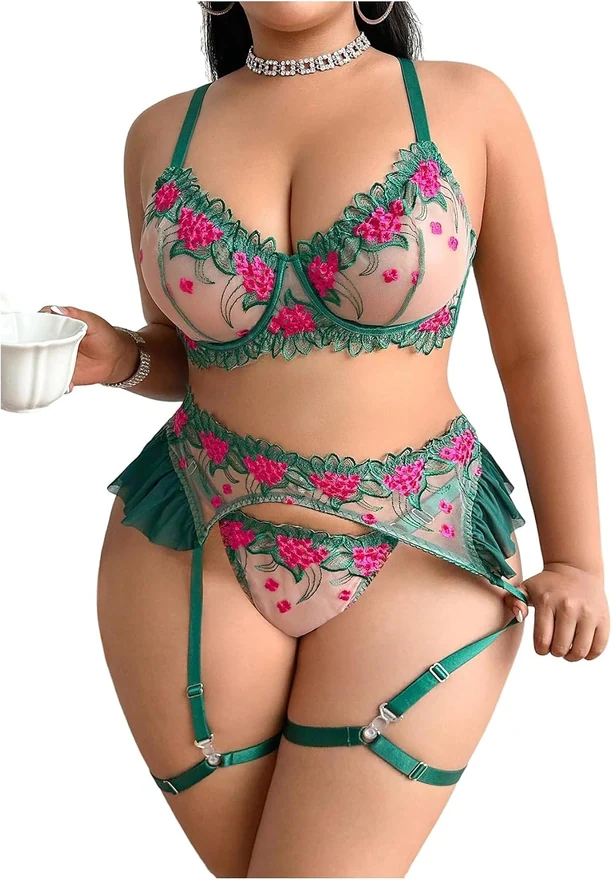 Plus Size 3 Piece Lace Lingerie Sets Floral Sexy Underwear by OYOANGLE