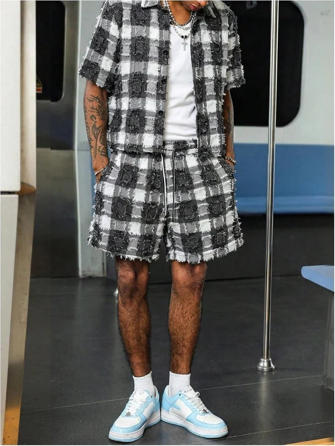 2 Piece Plaid Outfits Short Sleeve Button Down Shirt and by OYOANGLE, photograph 3 of 4