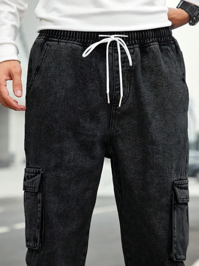 Drawstring Waist Flap Pocket Jogger Cargo Pants Carrot Denim by OYOANGLE, photograph 3 of 3