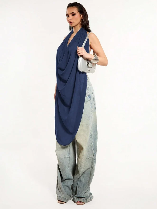 Cowl Neck Backless Halter Top Y2k See Through Tank Tops by OYOANGLE, photograph 3 of 3