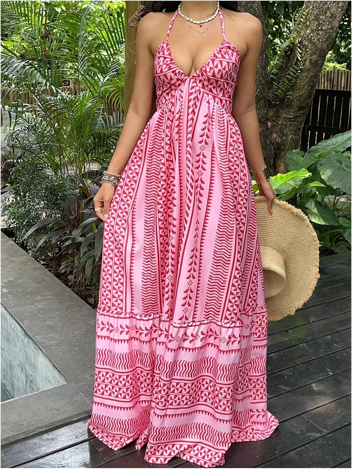 Summer Boho Maxi Dress Flowy Halter Dresses Sundress Pink by OYOANGLE, photograph 1 of 3