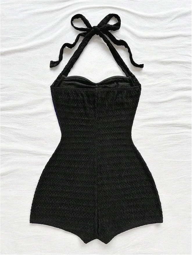 Sleeveless Halter Romper Textured Short Jumpsuits by OYOANGLE