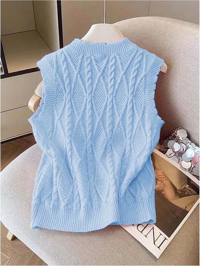 Pearl Knit Sweater Vest Crew Neck Sleeveless Preppy Tops by OYOANGLE, photograph 4 of 4