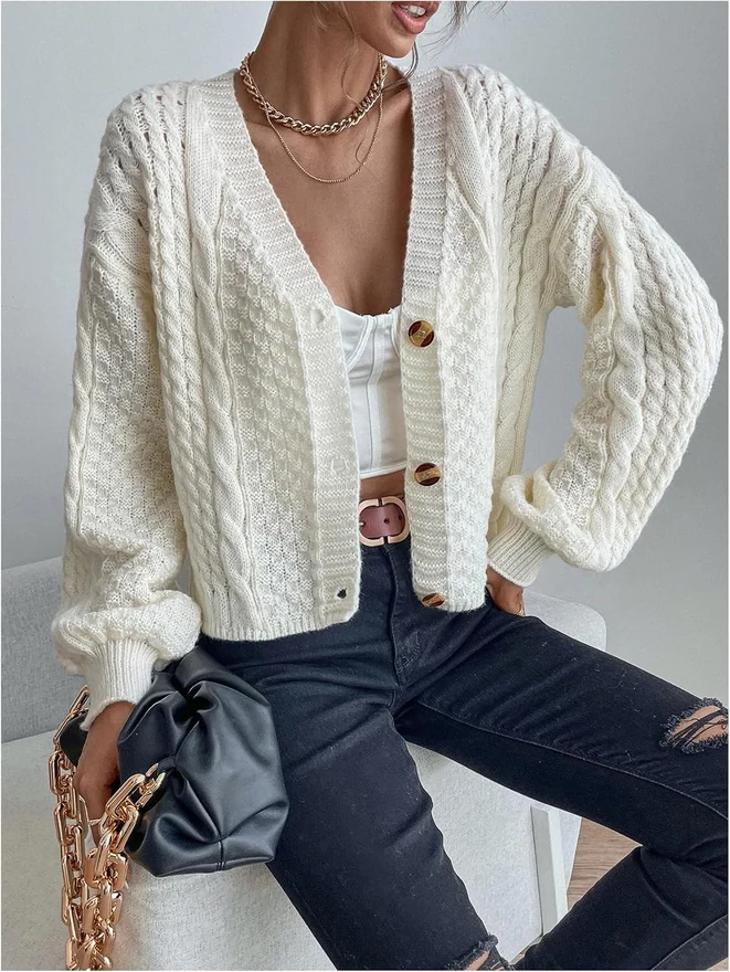 Cardigan Sweaters Cable Knit Chunky Long Sleeve Cardigan Fall by OYOANGLE, photograph 4 of 4