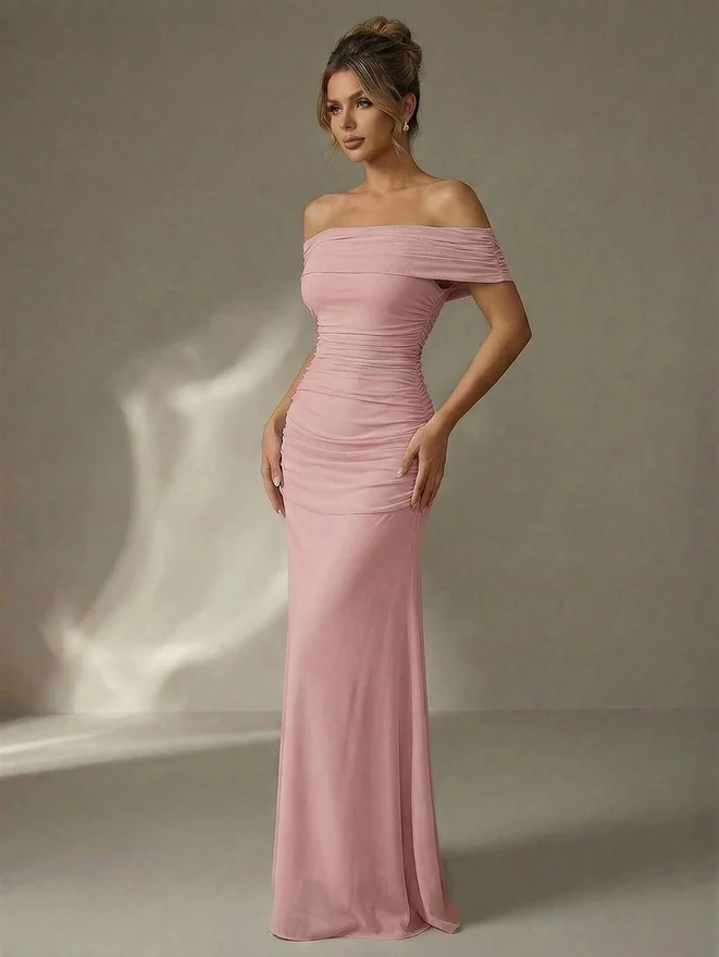 Off The Shoulder Maxi Dress Wedding Guest Dresses Pink by OYOANGLE, photograph 2 of 3