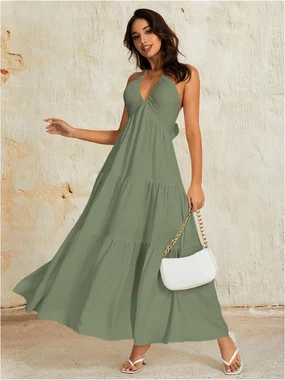 Summer Beach Halter Sundress Formal Wedding Guest Dress in Army Green