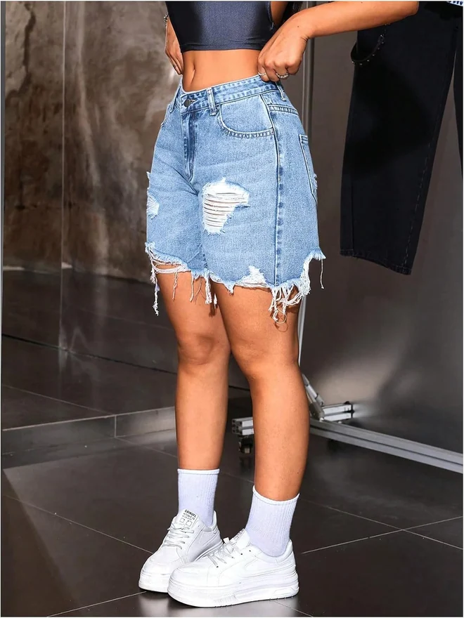 Low Rise Frayed Raw Hem Straight Leg Jean Denim Shorts by OYOANGLE