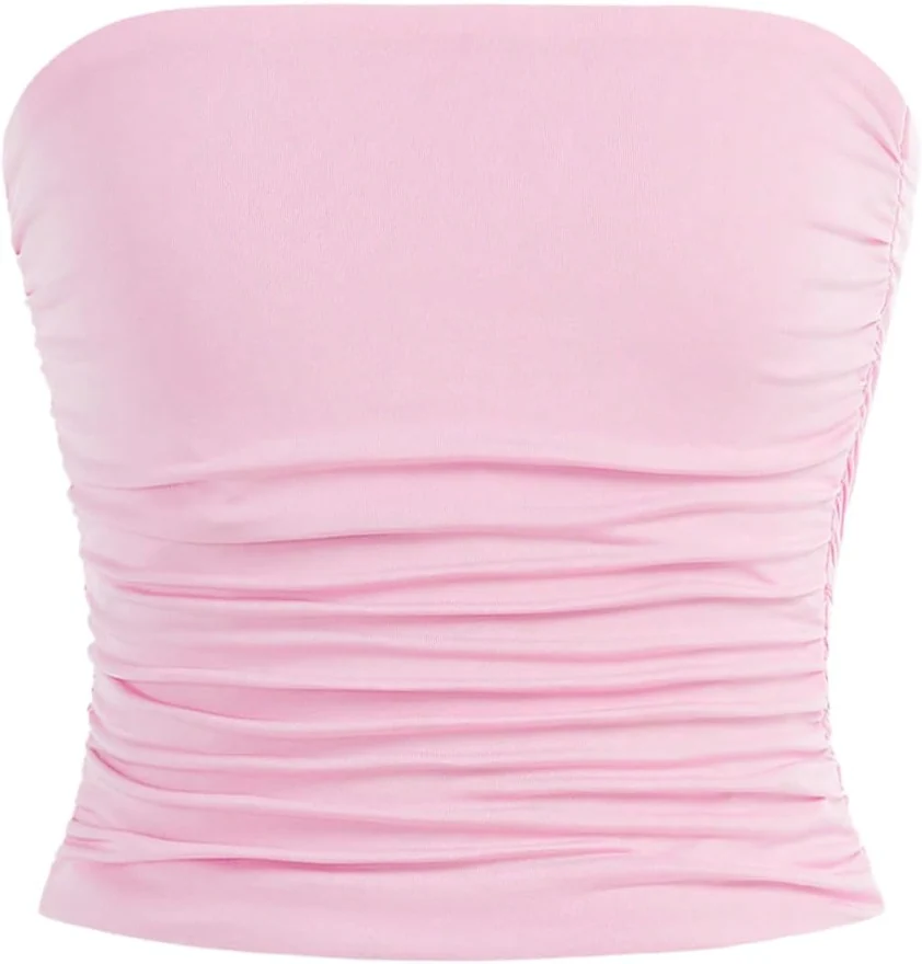 Girl's Strapless Ruched Cropped Tube Tops Pink by OYOANGLE, photograph 2 of 4