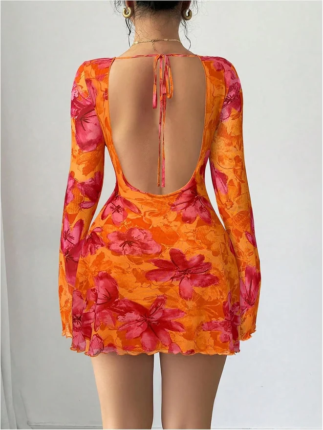 Mini Dress Tropical Floral Print Long Sleeve Short Dress Y2K by OYOANGLE