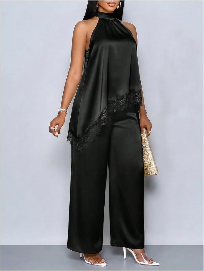 2 Piece Satin Asymmetrical Lace Trim Halter Top Pants Set by OYOANGLE, photograph 3 of 3