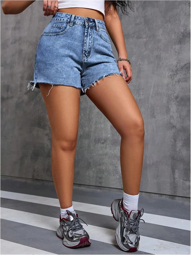 Raw Hem Denim Shorts High Rise Straight Leg Y2K Jean Shorts with by OYOANGLE, photograph 2 of 4