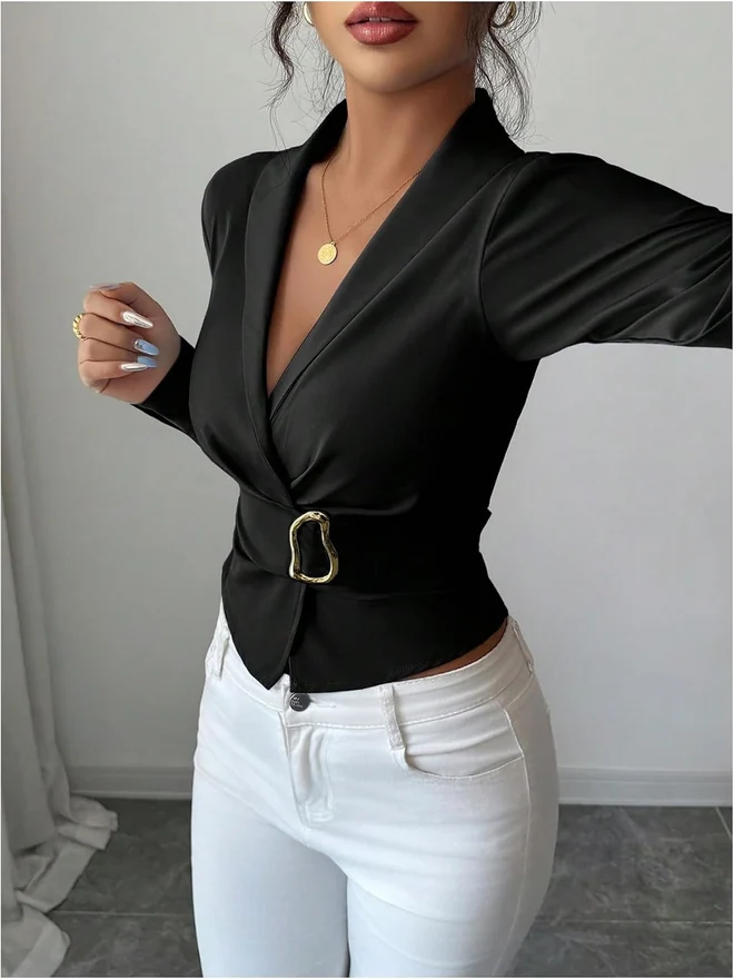 Elegant Long Sleeve Blouse Wrap Buckle Belted Dress Shirt by OYOANGLE, photograph 4 of 4