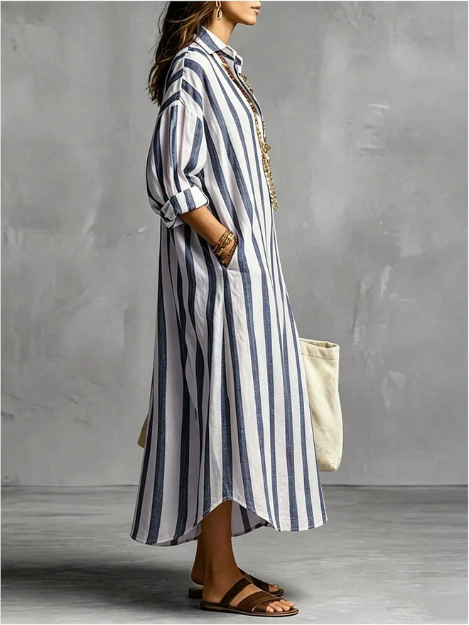 Striped Long Shirt Dresses Long Sleeve Collared V Neck Loose by OYOANGLE, photograph 2 of 3