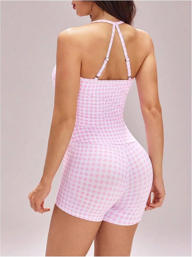 Gingham Workout Set 2 Piece Halter Top Elastic High Waisted by OYOANGLE, photograph 4 of 4