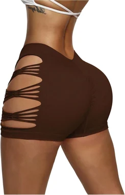Workout Shorts Cut Out High Waisted Athletic Gym Yoga Booty in Brown