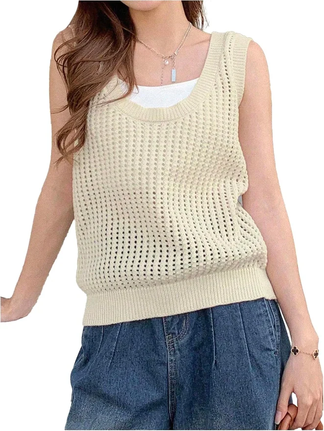 Hollow Out Pointelle Knit Sweater Vest Sleeveless Scoop Neck by OYOANGLE