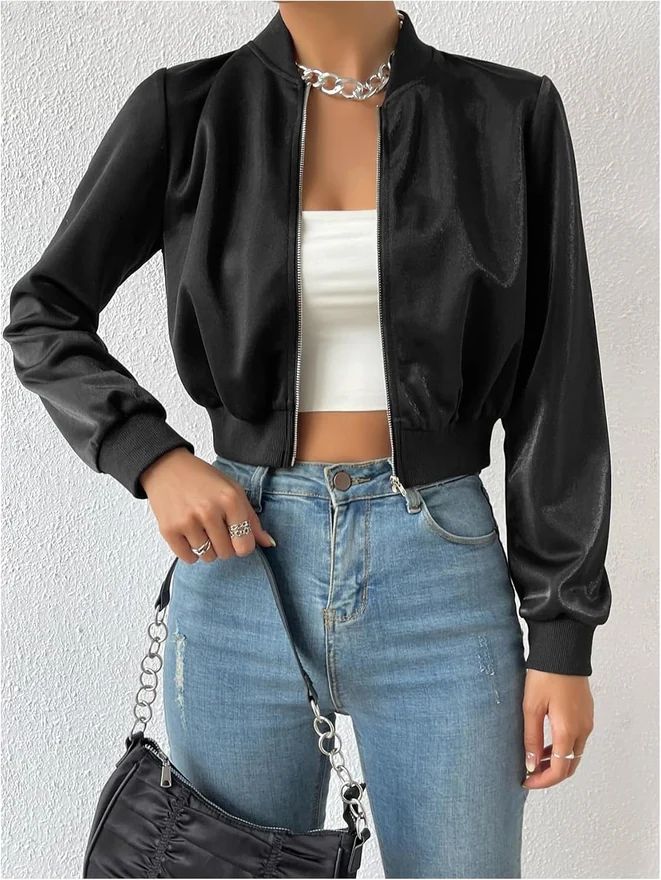 Cropped Bomber Jacket Long Sleeve Zip Up Baseball Collar Fall by OYOANGLE, photograph 2 of 4