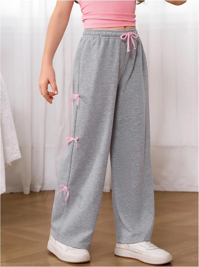 Girl's Drawstring Waist Bow Sweatpants Y2K Wide Leg Trousers by OYOANGLE, photograph 2 of 4
