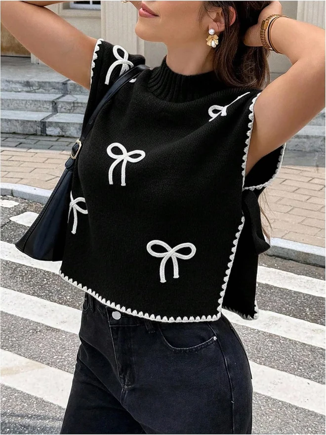 Bow Short Sleeve Sweater Side Tie Knit Pullover Top Black by OYOANGLE, photograph 4 of 4